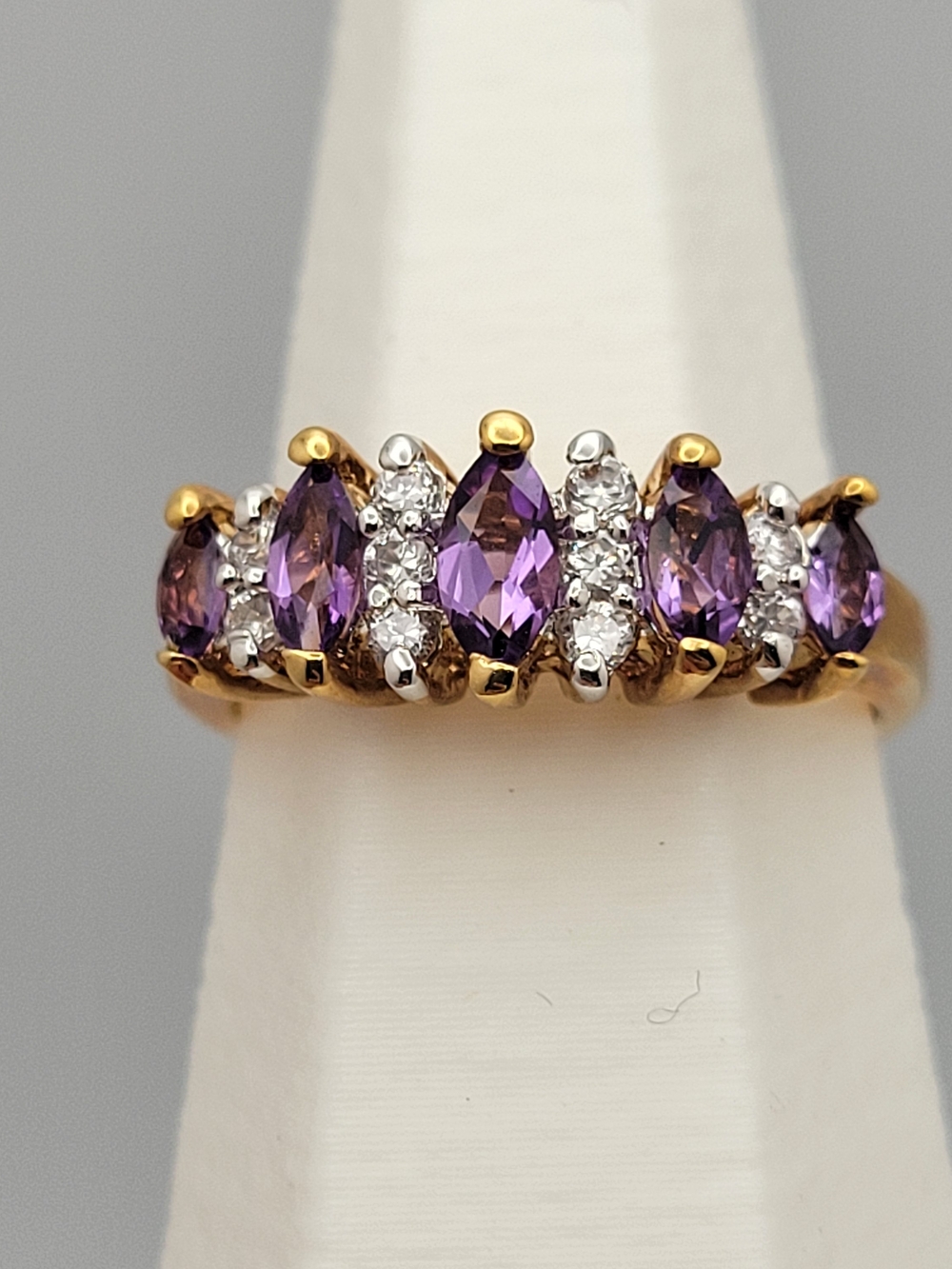 14kt Gold Plated Genuine Amethyst Marquise Band Ring CZ Accents